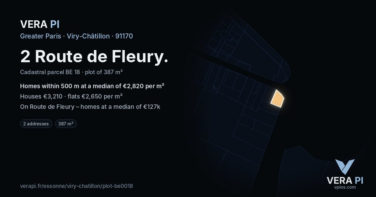 2 Route de Fleury, Viry-Châtillon at night – the plot lit, the parcels around coloured by the prices near them