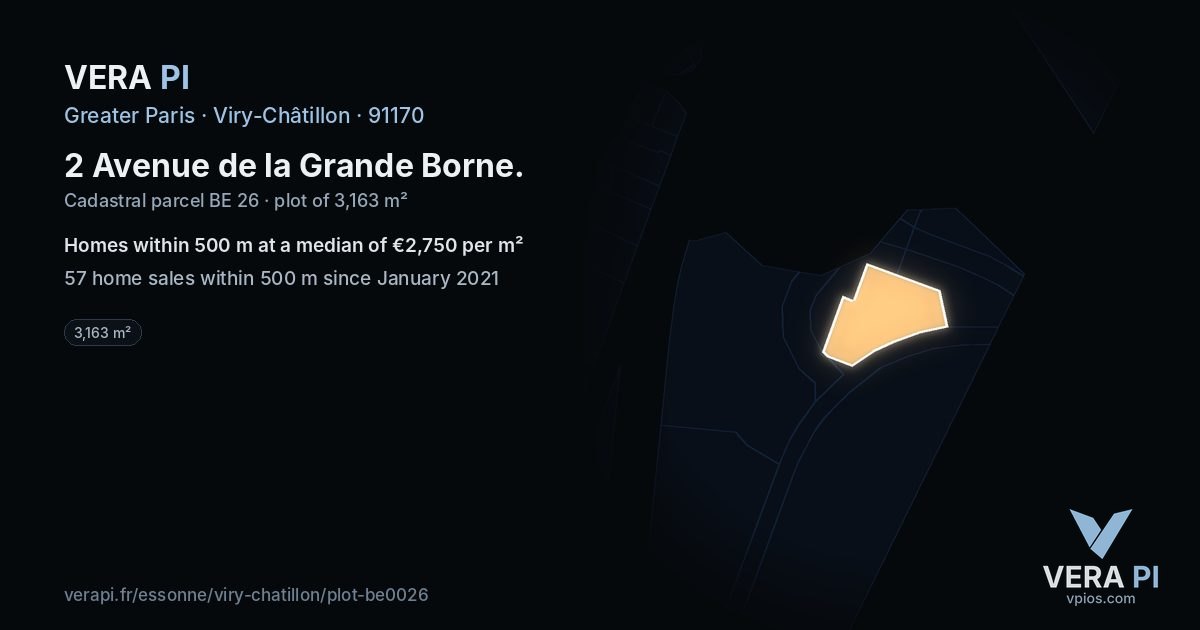 2 Avenue de la Grande Borne, Viry-Châtillon at night – the plot lit, the parcels around coloured by the prices near them