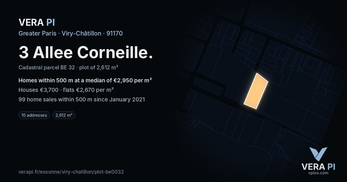 3 Allee Corneille, Viry-Châtillon at night – the plot lit, the parcels around coloured by the prices near them