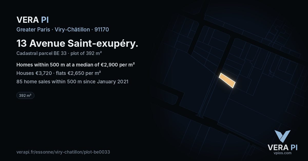 13 Avenue Saint-exupéry, Viry-Châtillon at night – the plot lit, the parcels around coloured by the prices near them