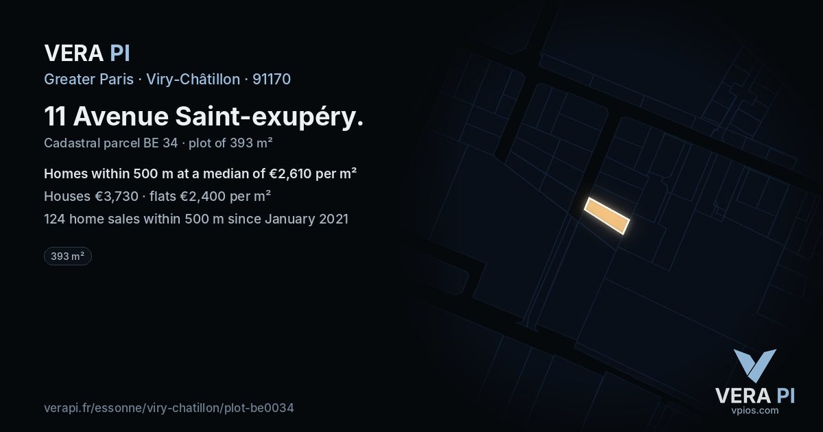 11 Avenue Saint-exupéry, Viry-Châtillon at night – the plot lit, the parcels around coloured by the prices near them