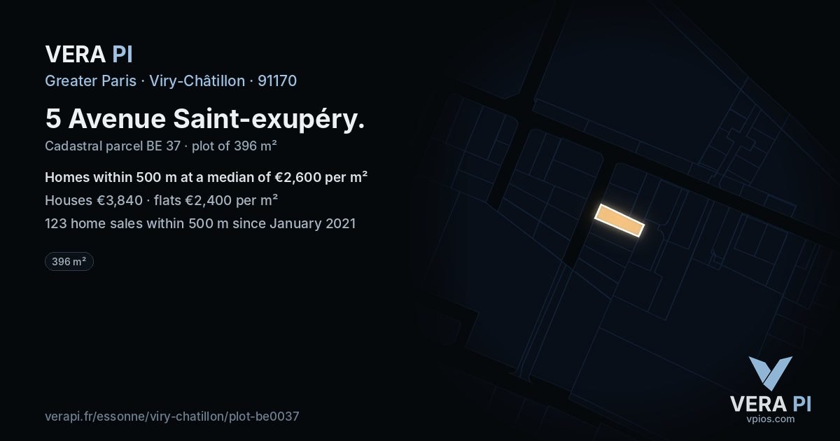 5 Avenue Saint-exupéry, Viry-Châtillon at night – the plot lit, the parcels around coloured by the prices near them