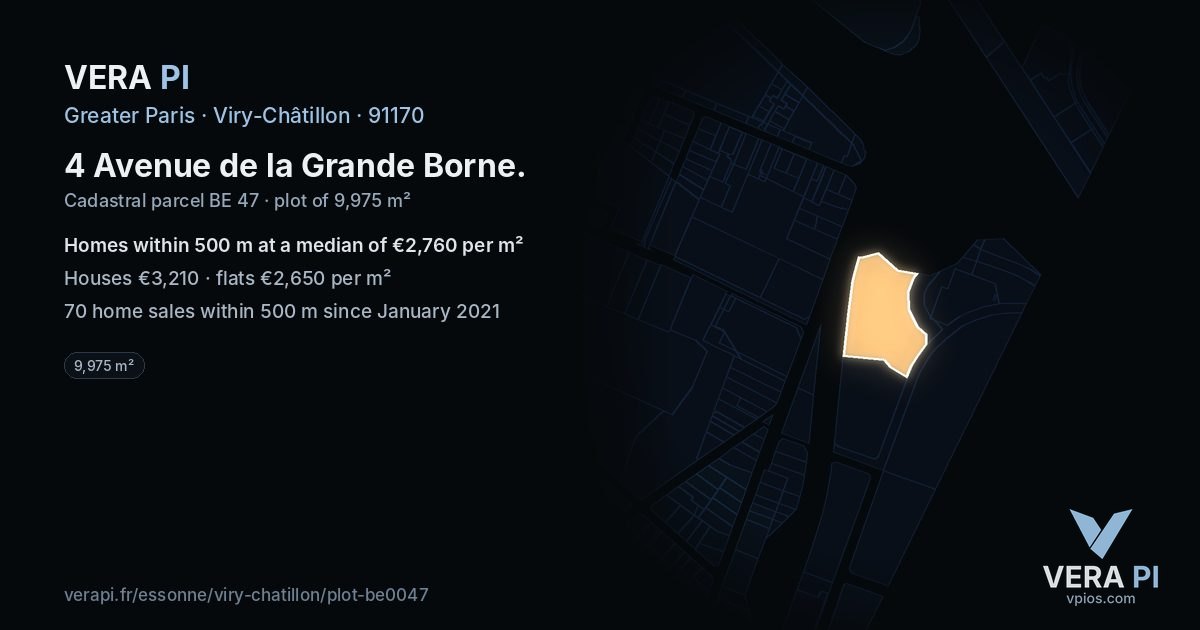 4 Avenue de la Grande Borne, Viry-Châtillon at night – the plot lit, the parcels around coloured by the prices near them