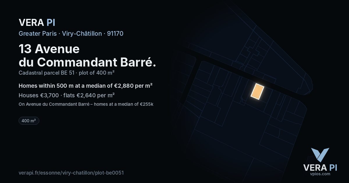 13 Avenue du Commandant Barré, Viry-Châtillon at night – the plot lit, the parcels around coloured by the prices near them