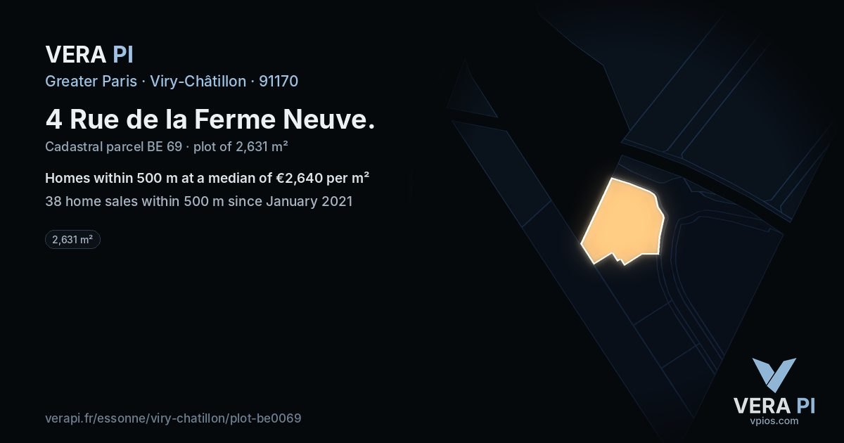4 Rue de la Ferme Neuve, Viry-Châtillon at night – the plot lit, the parcels around coloured by the prices near them