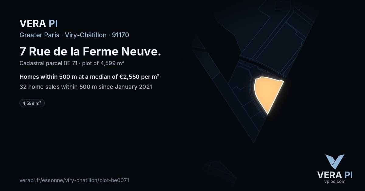 7 Rue de la Ferme Neuve, Viry-Châtillon at night – the plot lit, the parcels around coloured by the prices near them