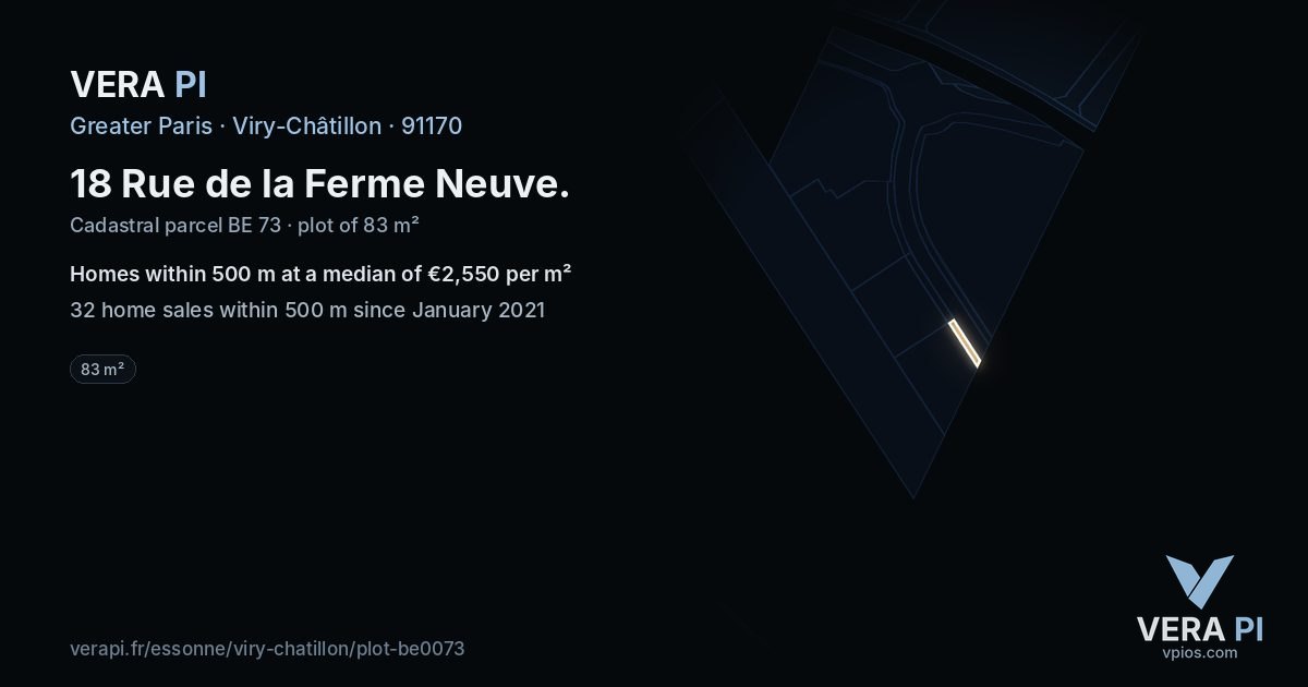 18 Rue de la Ferme Neuve, Viry-Châtillon at night – the plot lit, the parcels around coloured by the prices near them