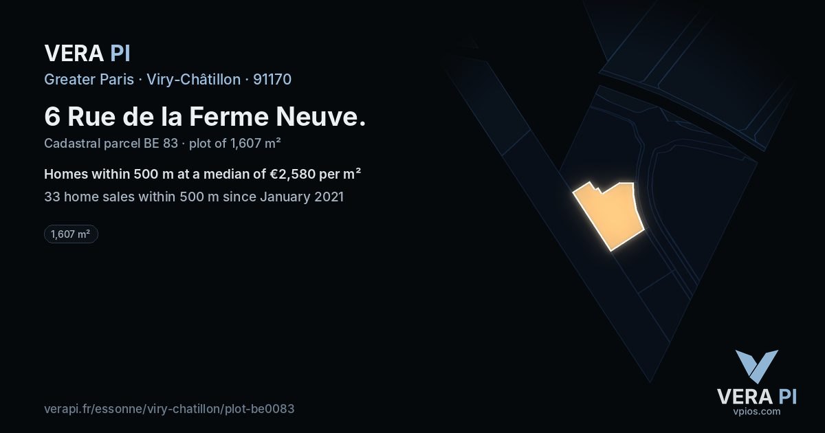 6 Rue de la Ferme Neuve, Viry-Châtillon at night – the plot lit, the parcels around coloured by the prices near them