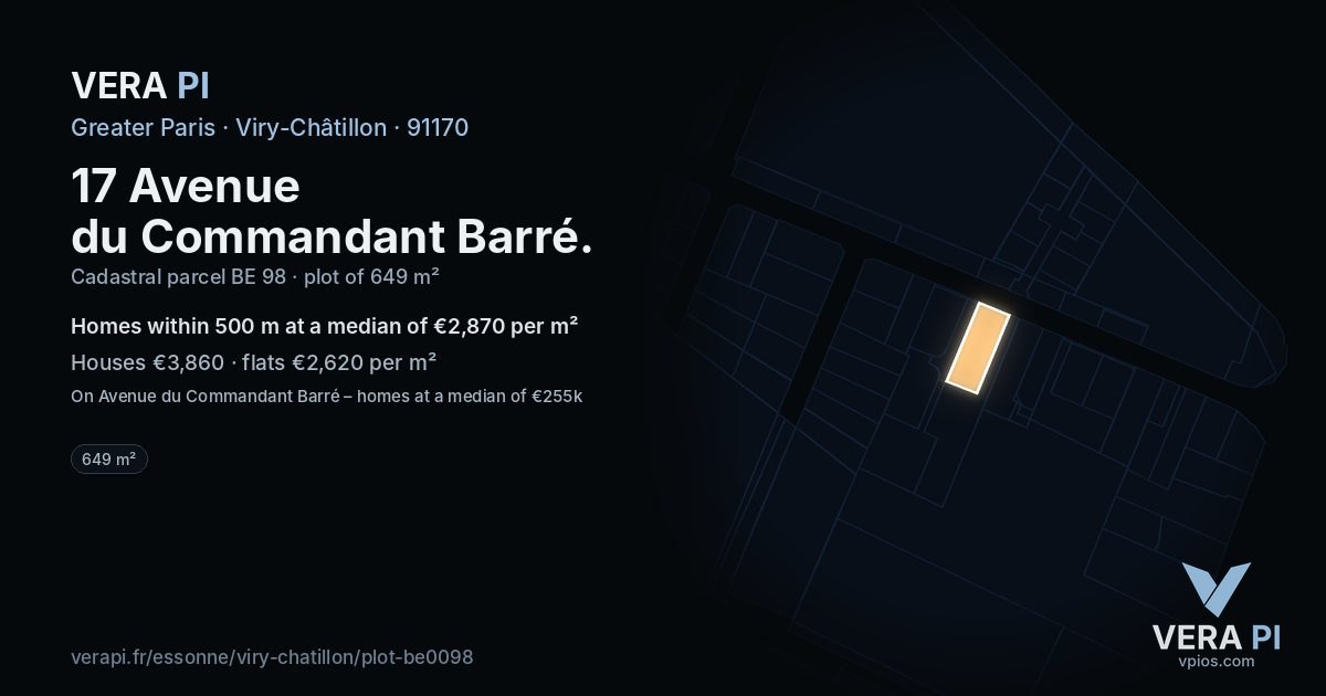 17 Avenue du Commandant Barré, Viry-Châtillon at night – the plot lit, the parcels around coloured by the prices near them
