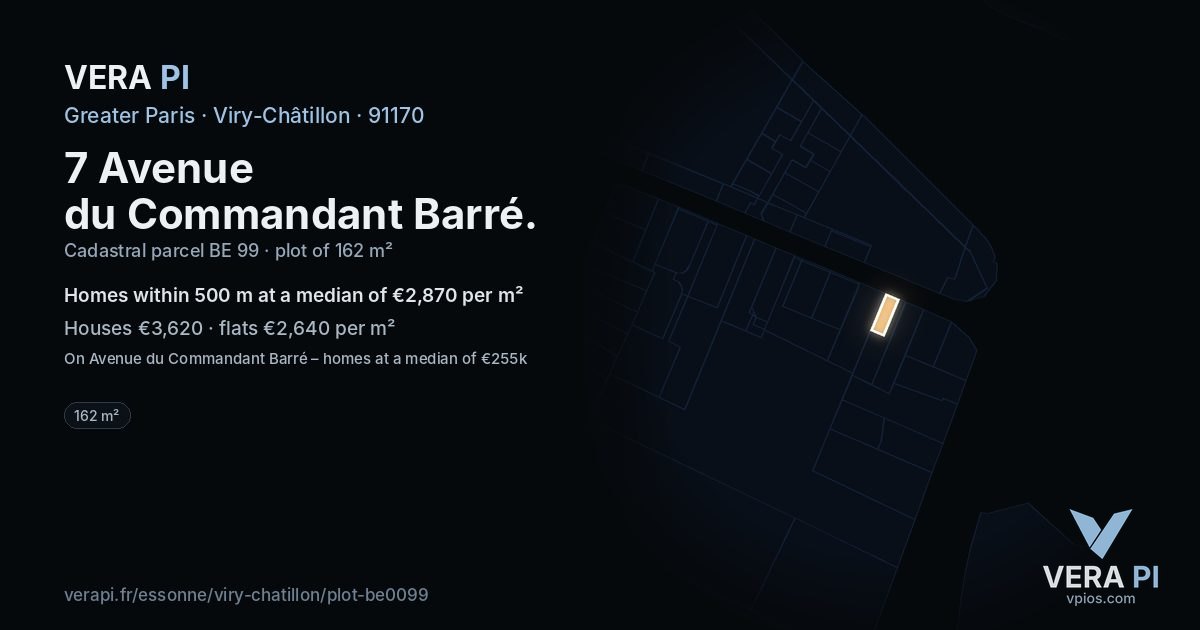7 Avenue du Commandant Barré, Viry-Châtillon at night – the plot lit, the parcels around coloured by the prices near them