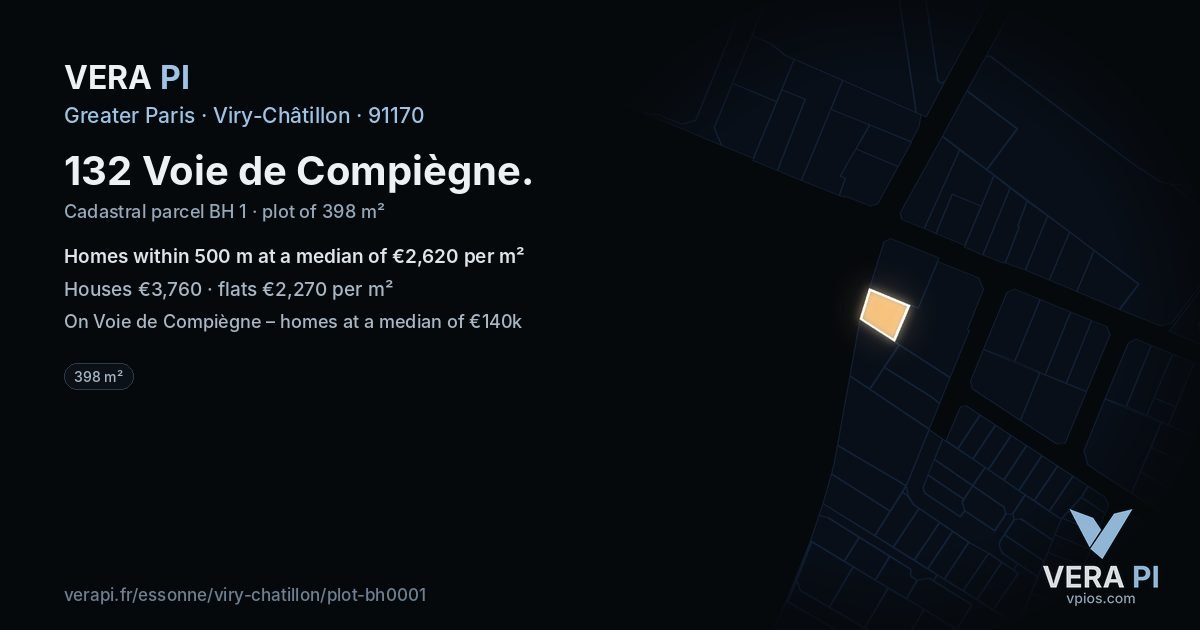 132 Voie de Compiègne, Viry-Châtillon at night – the plot lit, the parcels around coloured by the prices near them