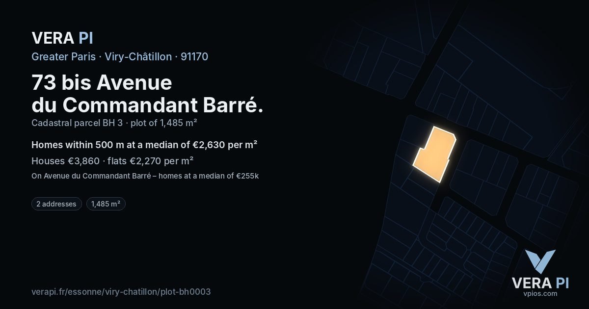 73 bis Avenue du Commandant Barré, Viry-Châtillon at night – the plot lit, the parcels around coloured by the prices near them