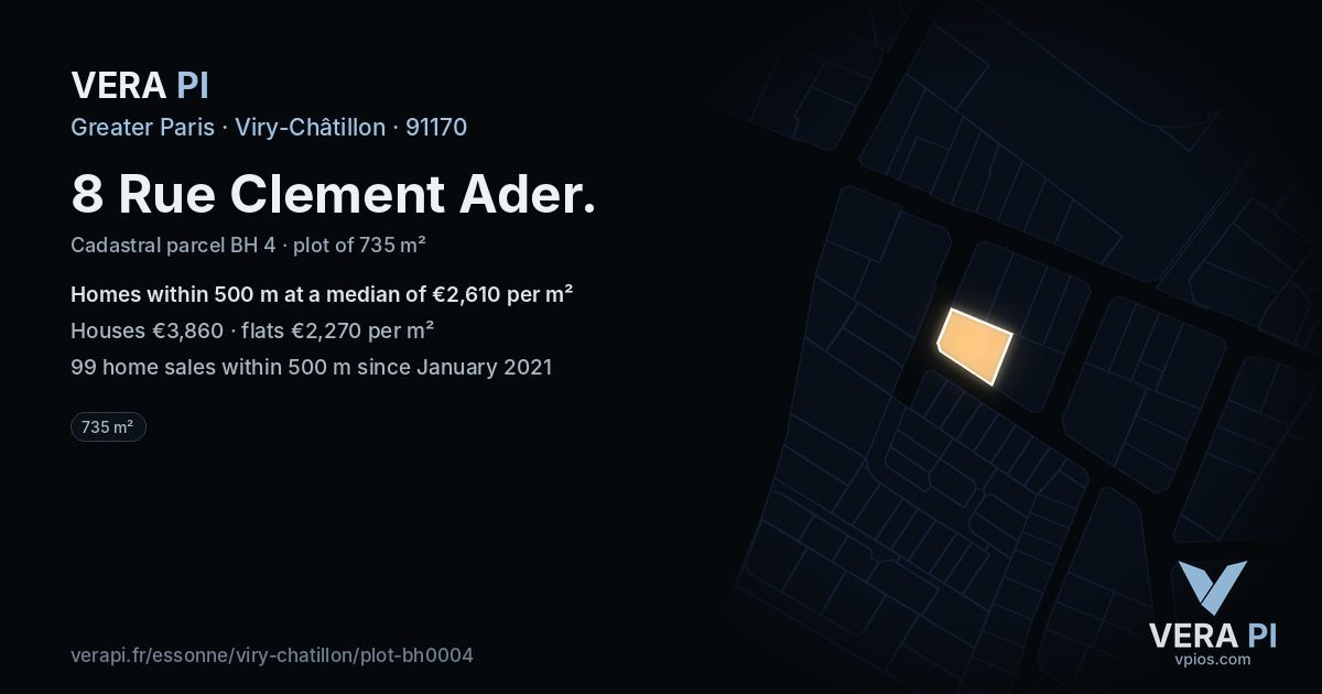 8 Rue Clement Ader, Viry-Châtillon at night – the plot lit, the parcels around coloured by the prices near them