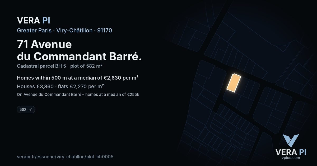 71 Avenue du Commandant Barré, Viry-Châtillon at night – the plot lit, the parcels around coloured by the prices near them