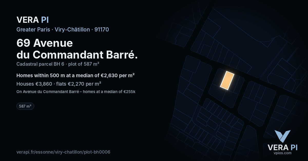 69 Avenue du Commandant Barré, Viry-Châtillon at night – the plot lit, the parcels around coloured by the prices near them