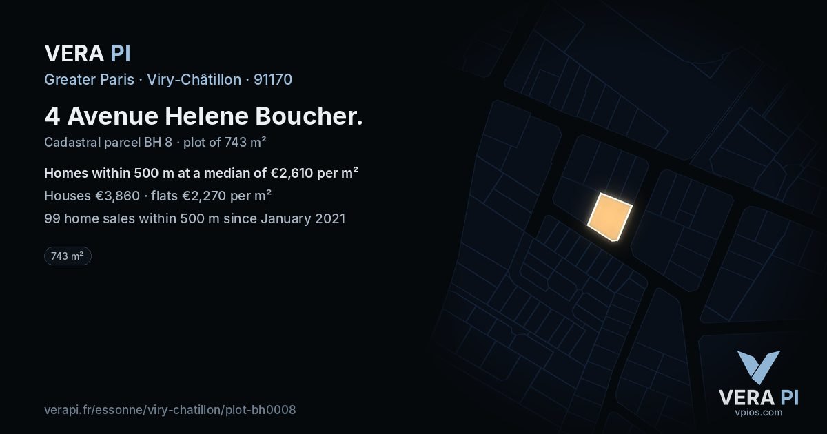 4 Avenue Helene Boucher, Viry-Châtillon at night – the plot lit, the parcels around coloured by the prices near them