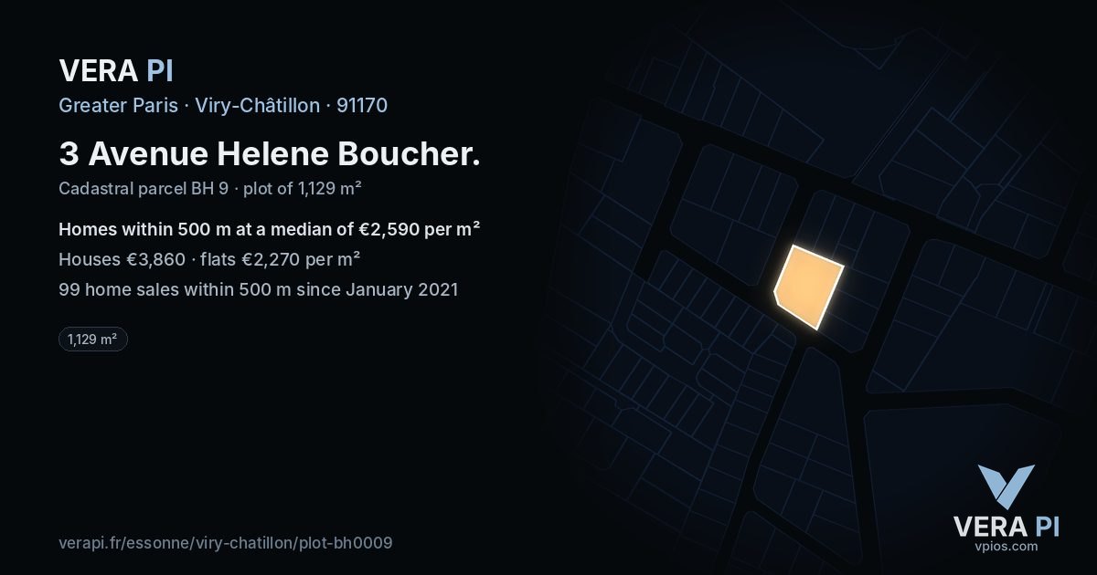 3 Avenue Helene Boucher, Viry-Châtillon at night – the plot lit, the parcels around coloured by the prices near them