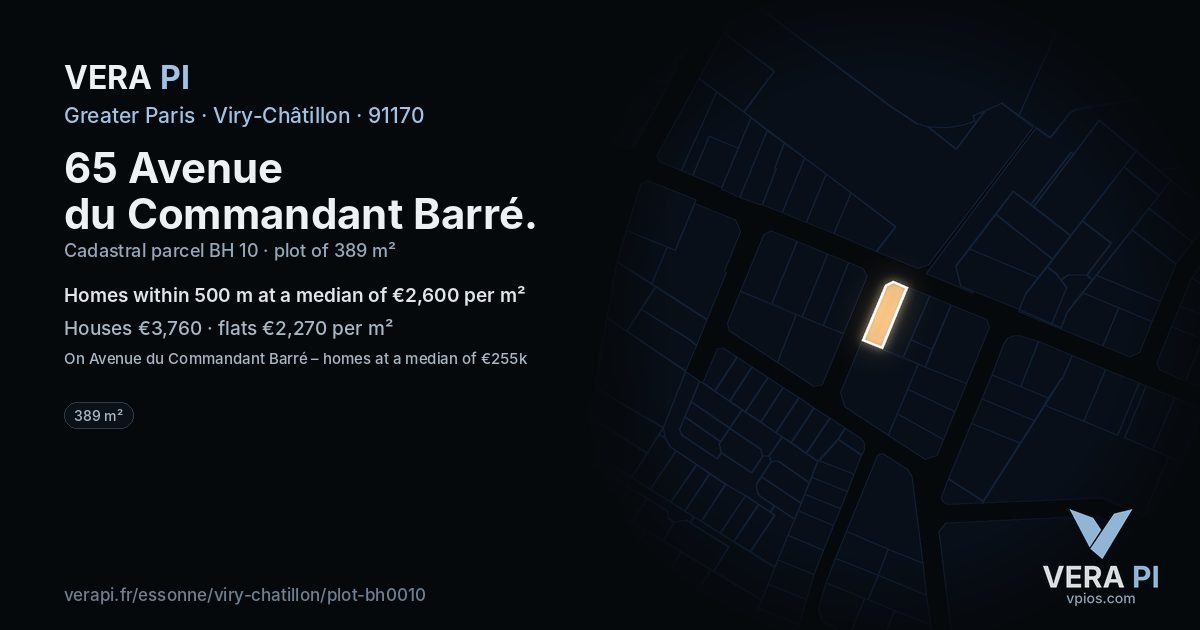 65 Avenue du Commandant Barré, Viry-Châtillon at night – the plot lit, the parcels around coloured by the prices near them