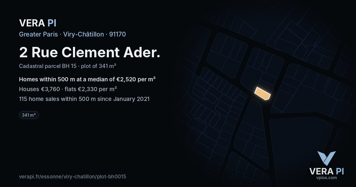 2 Rue Clement Ader, Viry-Châtillon at night – the plot lit, the parcels around coloured by the prices near them