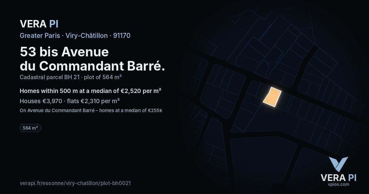 53 bis Avenue du Commandant Barré, Viry-Châtillon at night – the plot lit, the parcels around coloured by the prices near them