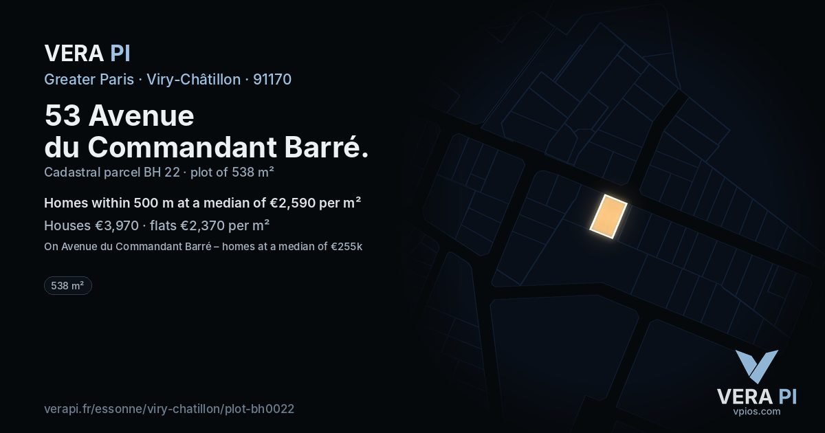 53 Avenue du Commandant Barré, Viry-Châtillon at night – the plot lit, the parcels around coloured by the prices near them