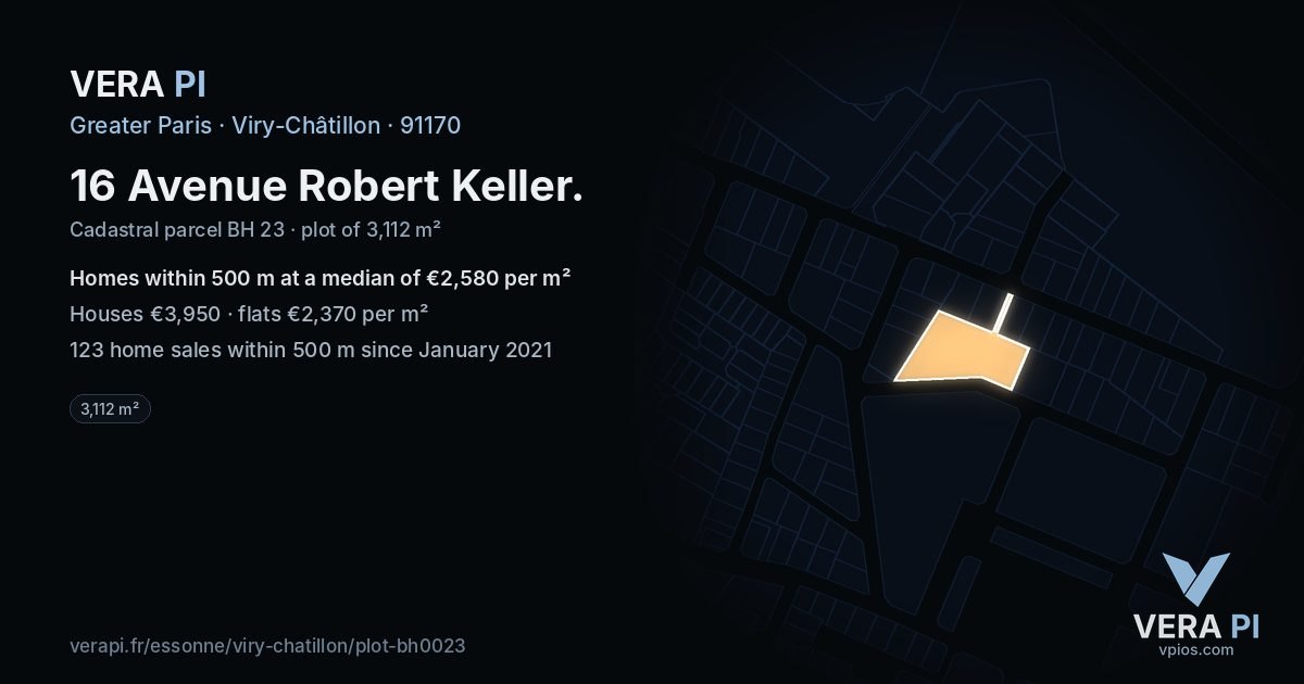 16 Avenue Robert Keller, Viry-Châtillon at night – the plot lit, the parcels around coloured by the prices near them