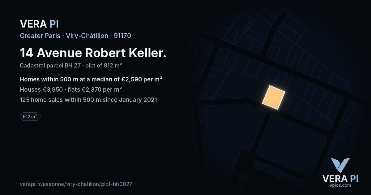 14 Avenue Robert Keller, Viry-Châtillon at night – the plot lit, the parcels around coloured by the prices near them