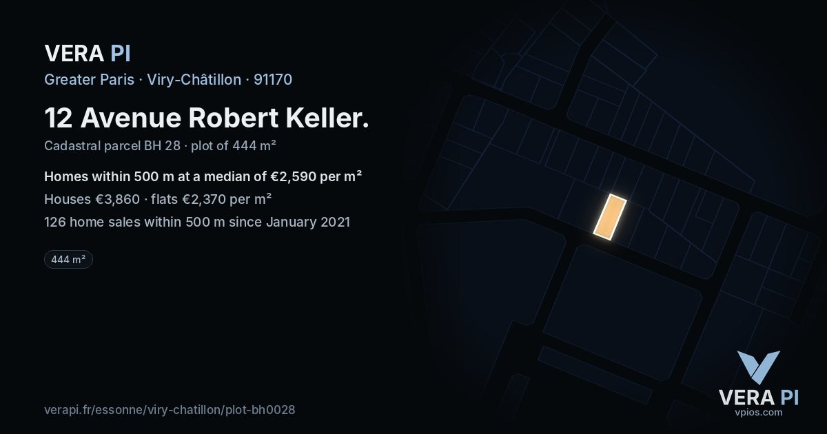 12 Avenue Robert Keller, Viry-Châtillon at night – the plot lit, the parcels around coloured by the prices near them
