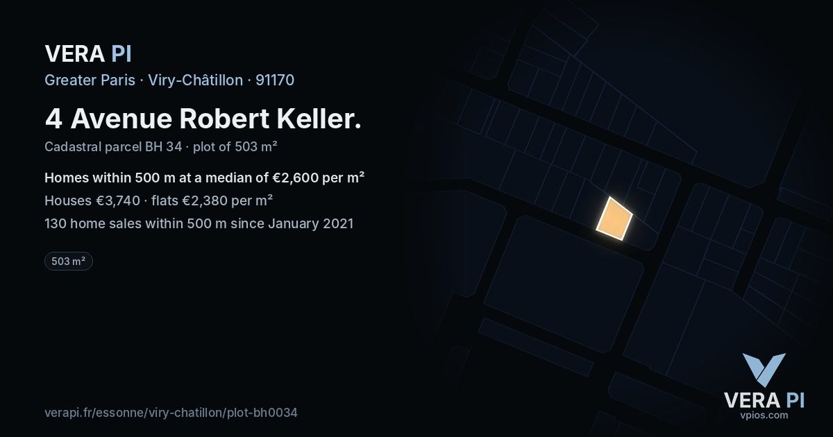 4 Avenue Robert Keller, Viry-Châtillon at night – the plot lit, the parcels around coloured by the prices near them