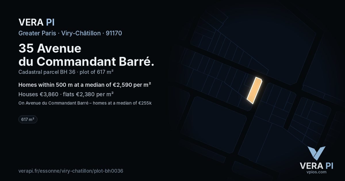 35 Avenue du Commandant Barré, Viry-Châtillon at night – the plot lit, the parcels around coloured by the prices near them