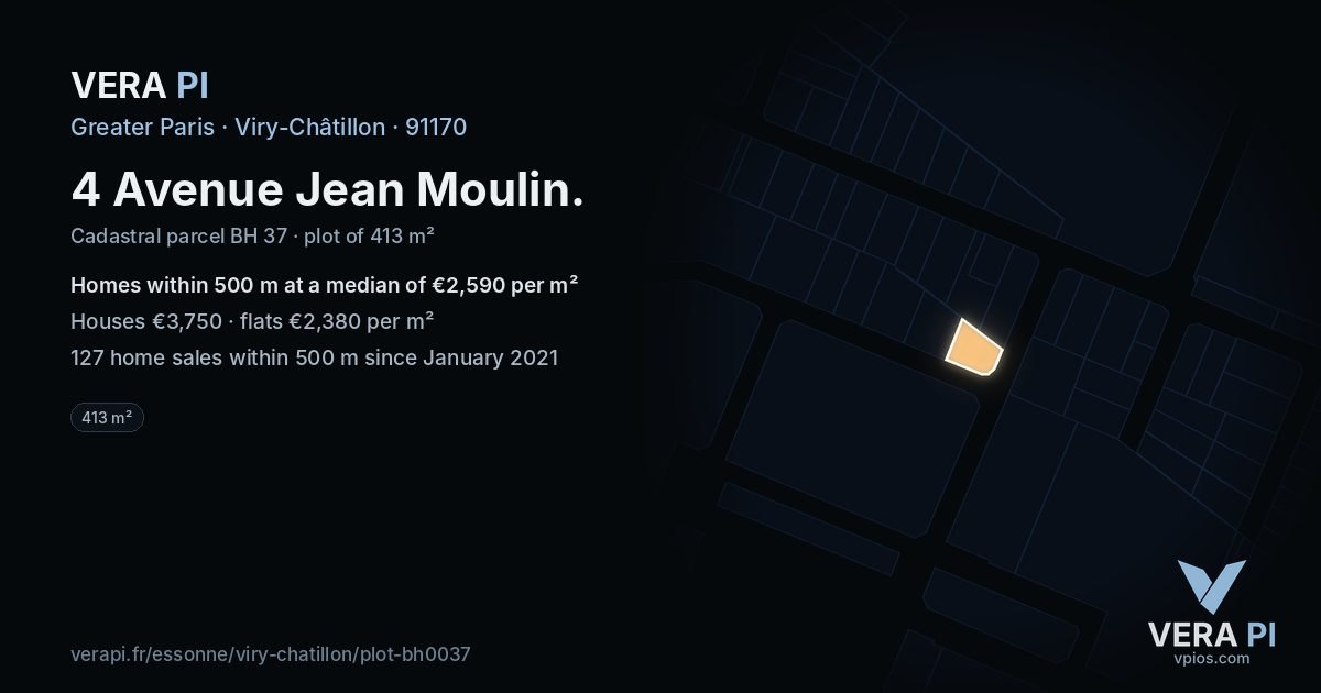 4 Avenue Jean Moulin, Viry-Châtillon at night – the plot lit, the parcels around coloured by the prices near them