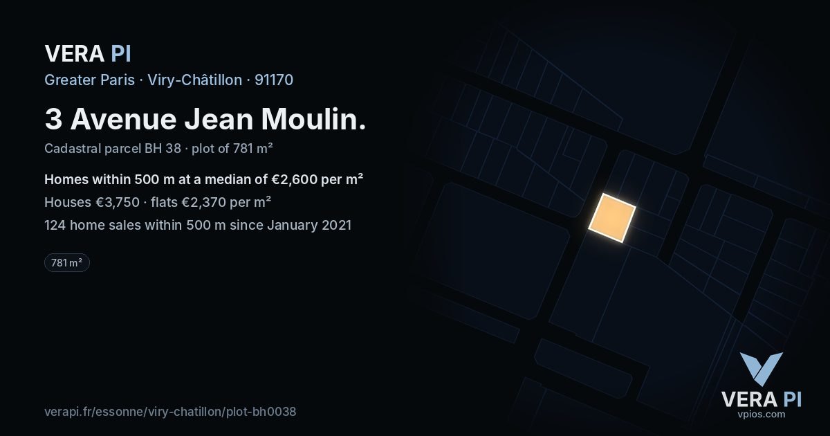 3 Avenue Jean Moulin, Viry-Châtillon at night – the plot lit, the parcels around coloured by the prices near them