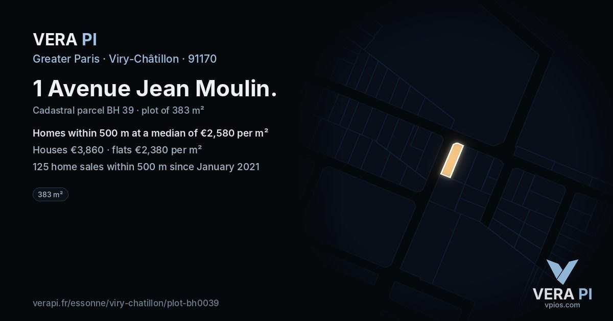 1 Avenue Jean Moulin, Viry-Châtillon at night – the plot lit, the parcels around coloured by the prices near them