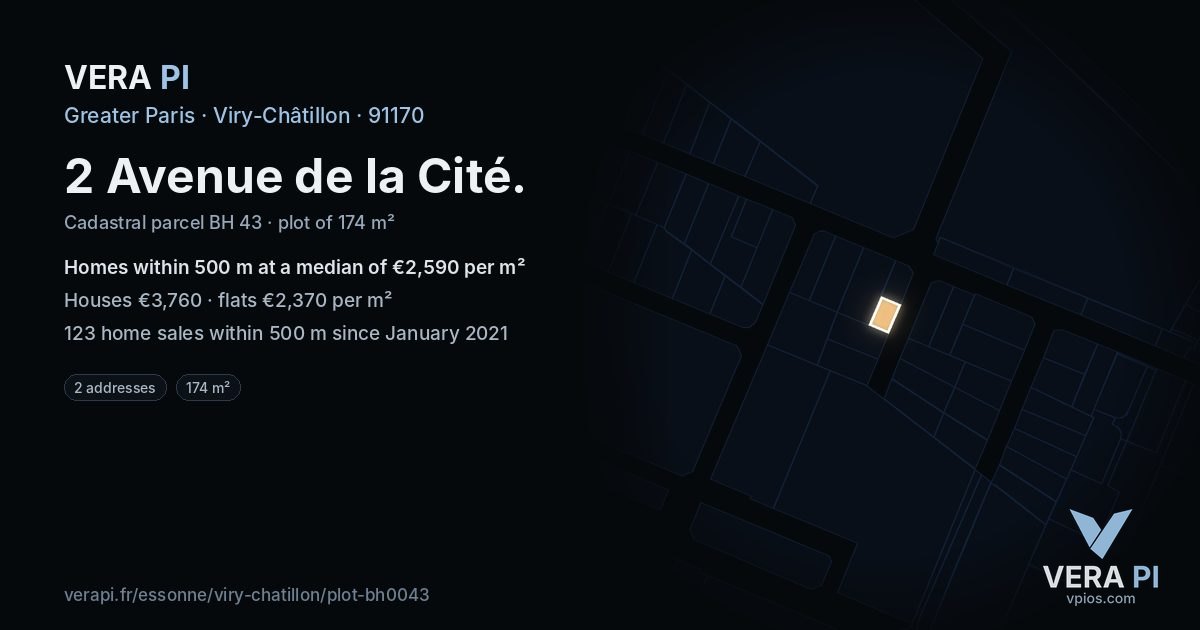 2 Avenue de la Cité, Viry-Châtillon at night – the plot lit, the parcels around coloured by the prices near them