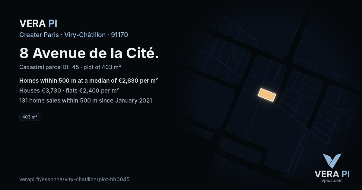 8 Avenue de la Cité, Viry-Châtillon at night – the plot lit, the parcels around coloured by the prices near them