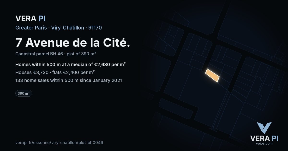 7 Avenue de la Cité, Viry-Châtillon at night – the plot lit, the parcels around coloured by the prices near them