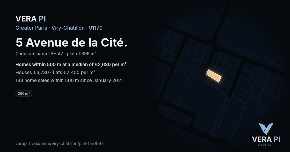 5 Avenue de la Cité, Viry-Châtillon at night – the plot lit, the parcels around coloured by the prices near them