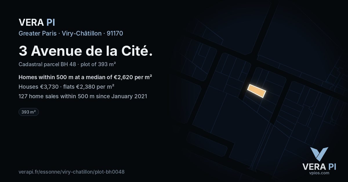 3 Avenue de la Cité, Viry-Châtillon at night – the plot lit, the parcels around coloured by the prices near them
