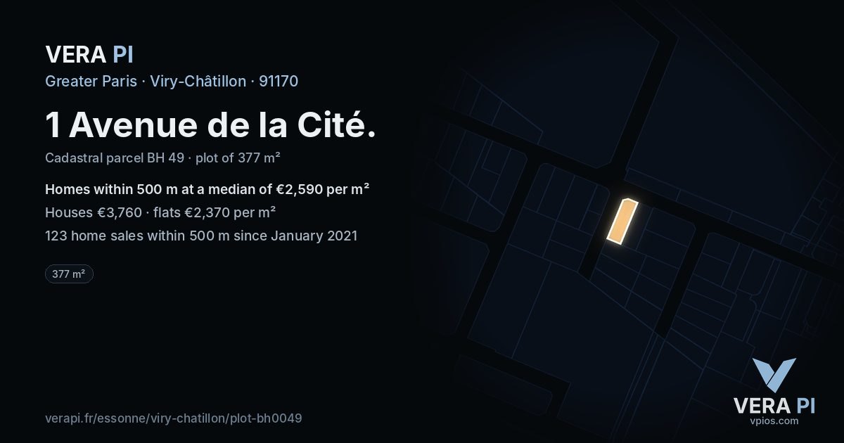 1 Avenue de la Cité, Viry-Châtillon at night – the plot lit, the parcels around coloured by the prices near them