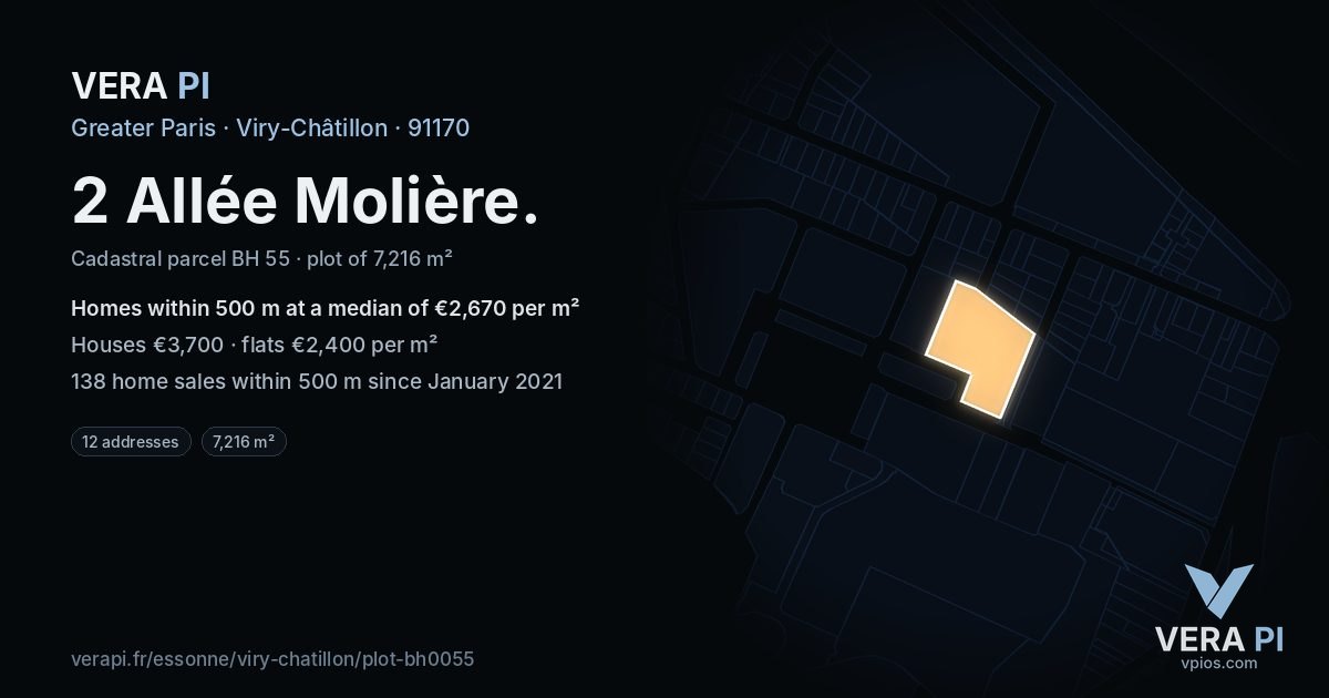 2 Allée Molière, Viry-Châtillon at night – the plot lit, the parcels around coloured by the prices near them