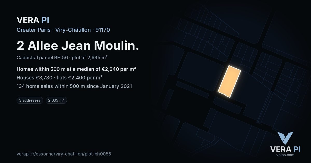 2 Allee Jean Moulin, Viry-Châtillon at night – the plot lit, the parcels around coloured by the prices near them
