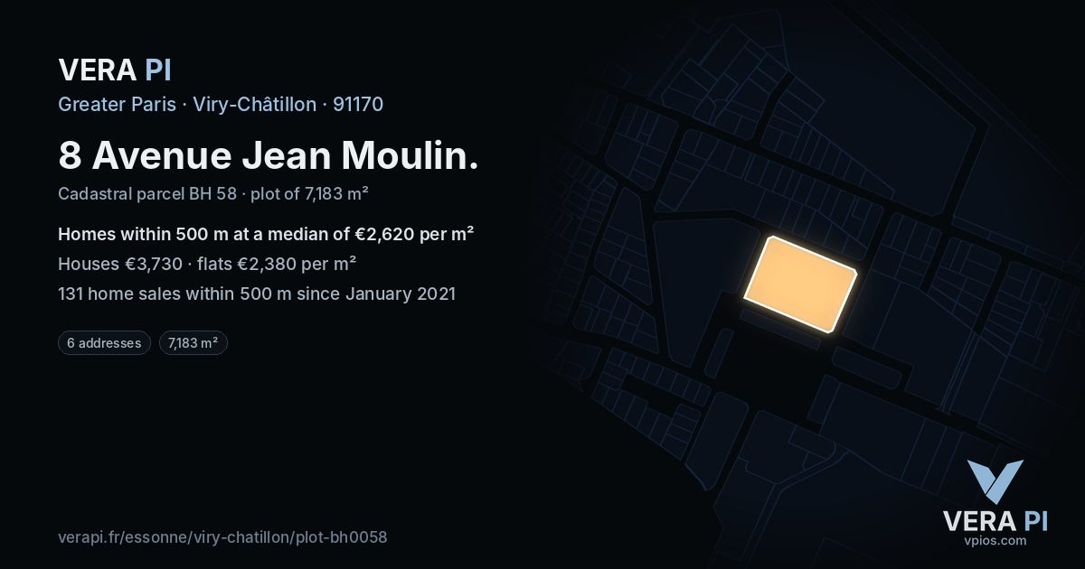 8 Avenue Jean Moulin, Viry-Châtillon at night – the plot lit, the parcels around coloured by the prices near them