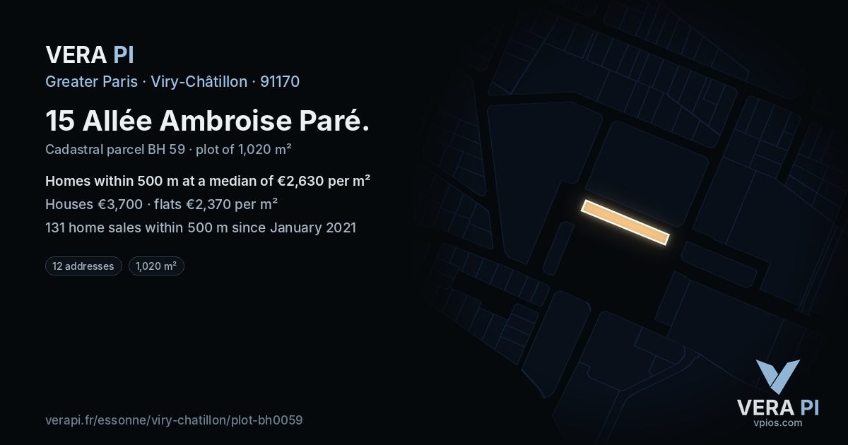 15 Allée Ambroise Paré, Viry-Châtillon at night – the plot lit, the parcels around coloured by the prices near them