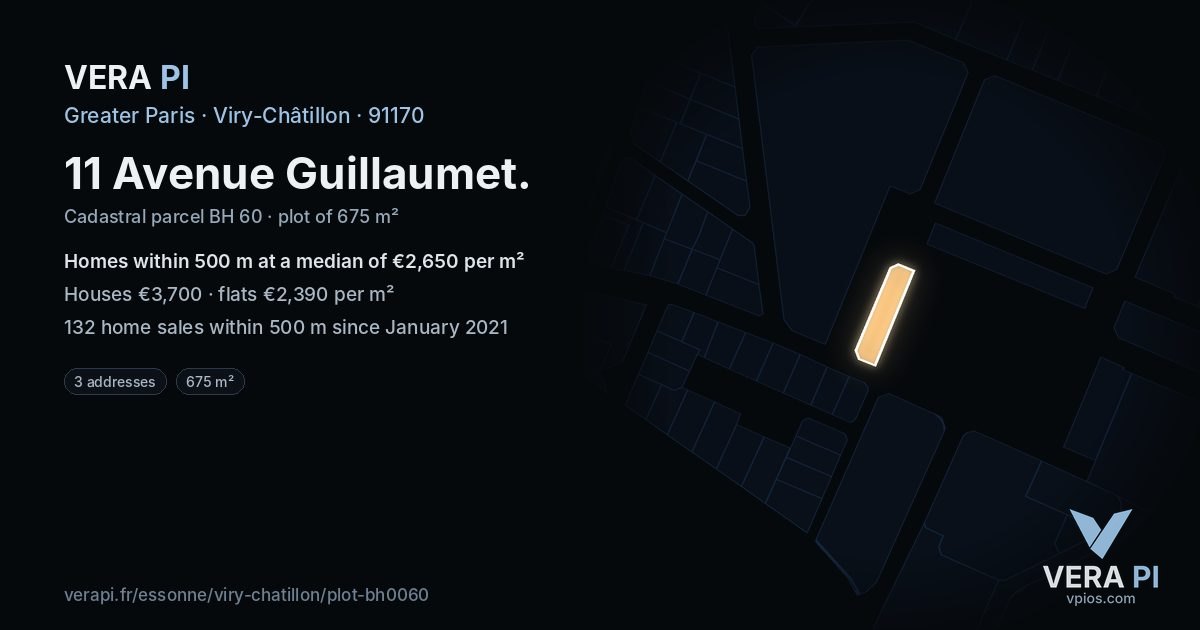 11 Avenue Guillaumet, Viry-Châtillon at night – the plot lit, the parcels around coloured by the prices near them
