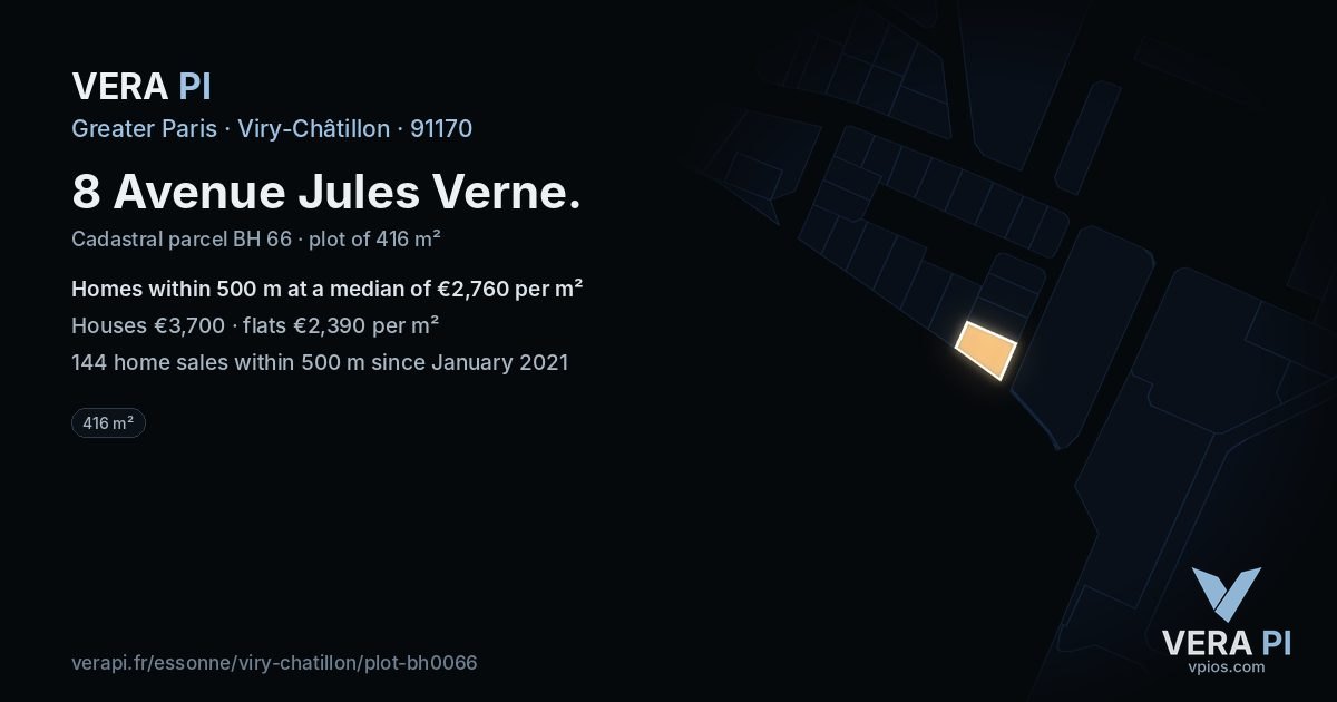 8 Avenue Jules Verne, Viry-Châtillon at night – the plot lit, the parcels around coloured by the prices near them