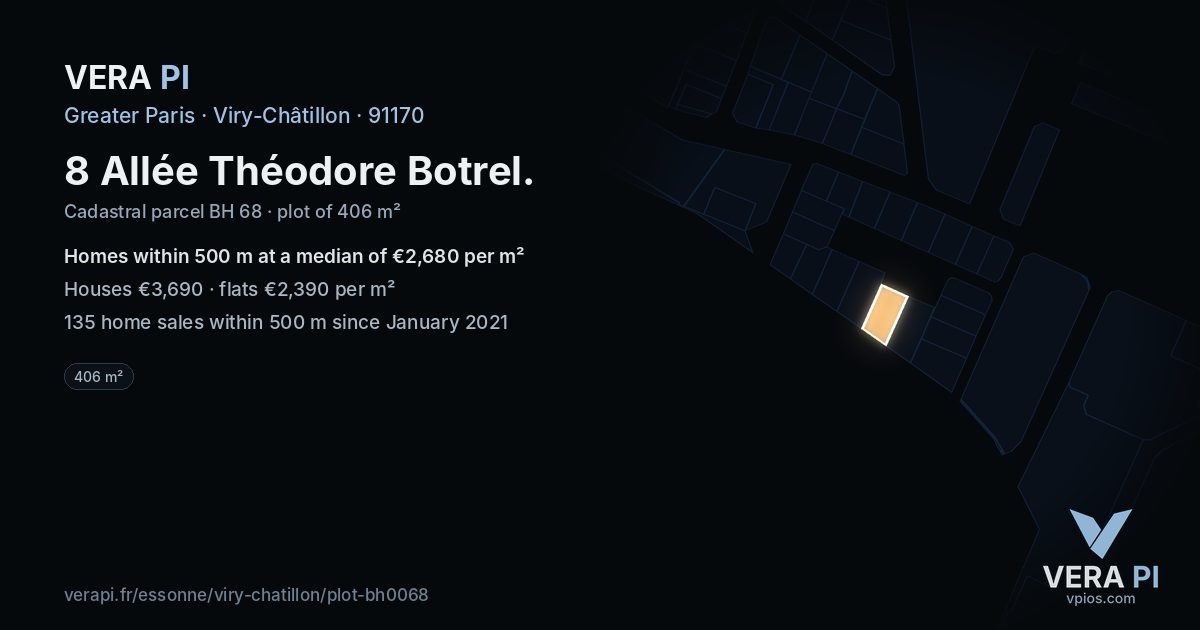 8 Allée Théodore Botrel, Viry-Châtillon at night – the plot lit, the parcels around coloured by the prices near them