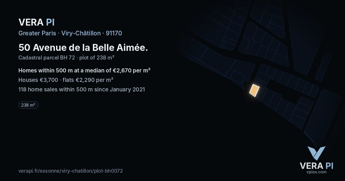 50 Avenue de la Belle Aimée, Viry-Châtillon at night – the plot lit, the parcels around coloured by the prices near them