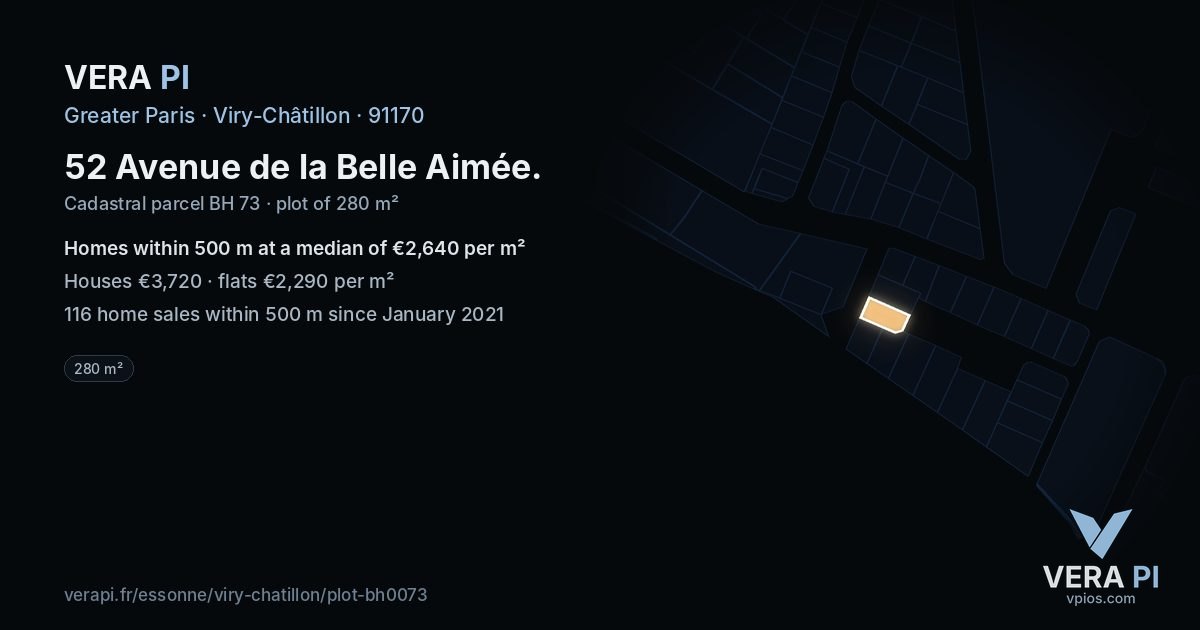 52 Avenue de la Belle Aimée, Viry-Châtillon at night – the plot lit, the parcels around coloured by the prices near them