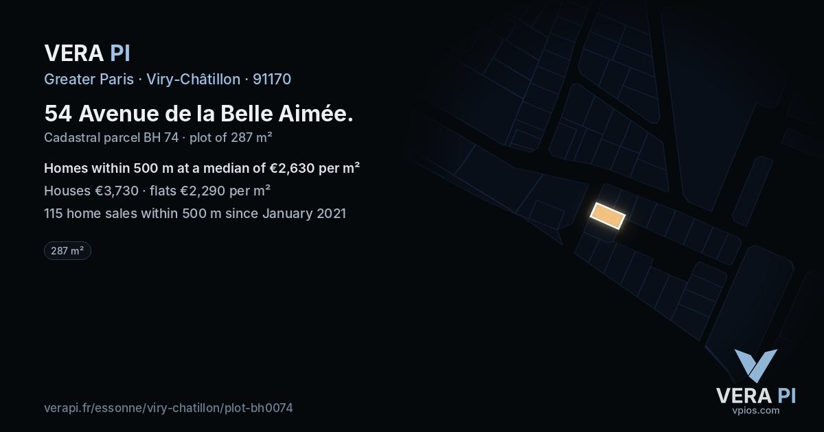 54 Avenue de la Belle Aimée, Viry-Châtillon at night – the plot lit, the parcels around coloured by the prices near them
