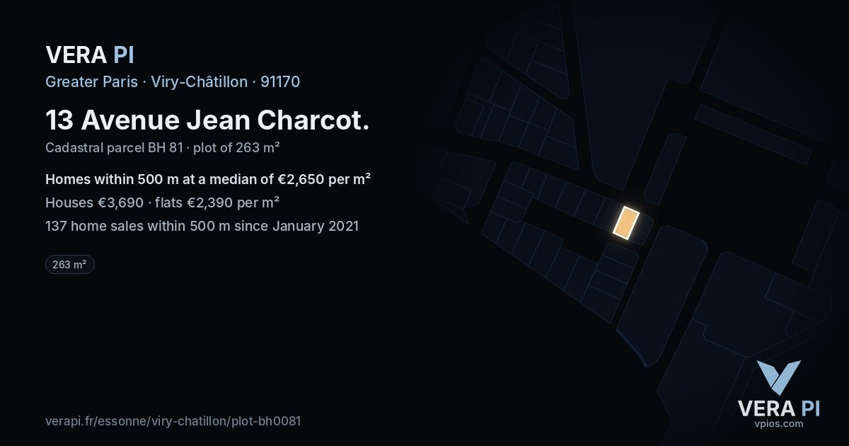 13 Avenue Jean Charcot, Viry-Châtillon at night – the plot lit, the parcels around coloured by the prices near them